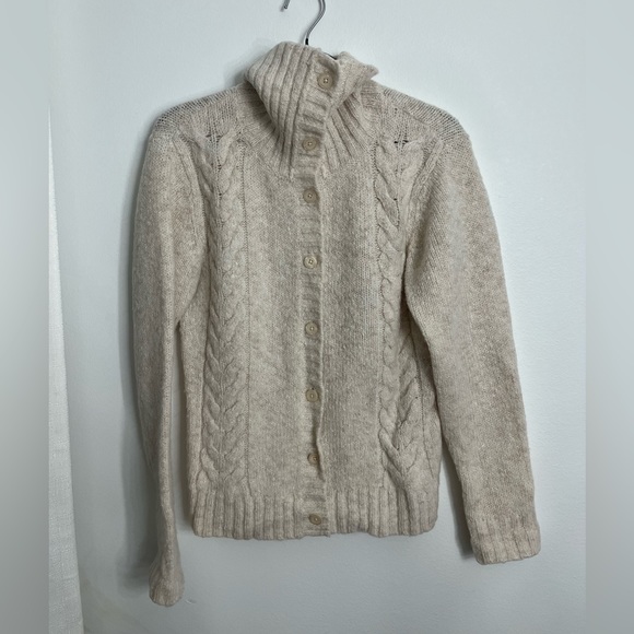 L.L Bean Cable Knit button up wool cotton blend oatmeal sweater - Picture 6 of 8